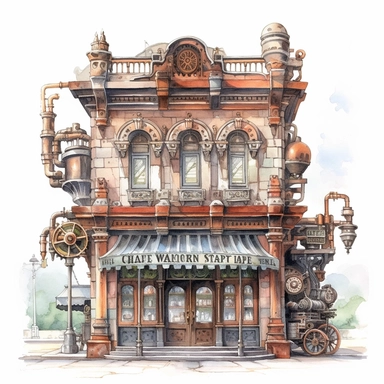 A blend of Victorian architecture and industrial machinery in a Steampunk café. The exterior is adorned with copper gears, riveted steel, and vintage lamps. Watercolor Cafe Storefront Clipart, hyper-realistic, white background.