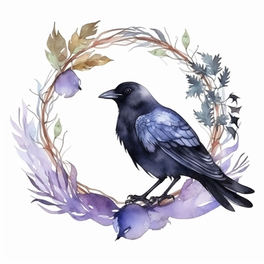 a cute fluffy fat raven on a branch, wreath, in a circle, clipart, white background, watercolor, Art Nouveau, highly detailed