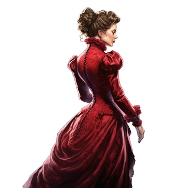 A resplendent Victorian lady in a rich crimson gown, adorned with intricate velvet trim and delicate lace accents. Against a pristine white background, her silhouette emanates opulence and elegance, capturing the essence of the Victorian era. Clipart, watercolor, white background, intricate detail, hyper-realistic, unreal engine cinematic smooth.