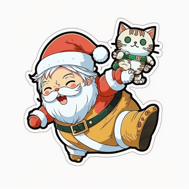 vector sticker design, anime style, unique Christmas cute cat playing with santa clipart, white background, flat colors