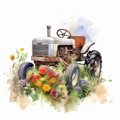Watercolor texture, colorful, watercolor clipart, wildflower with Vintage Farm Tractor, very high detail, white background