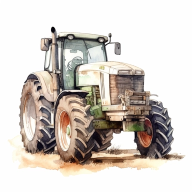 clipart, Watercolour, hand drawn, highly realistic, muted tones, beautiful, farm tractor, whole tractor, white background, just tractor nothing else