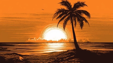 Clipart style, single coconut tree, silhouetted against a setting sun on a serene beach, simplistic line art for tree and beach elements, hatching for the tree bark and coconut textures, stippling for the sandy beach and the shimmering ocean