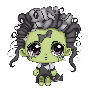 baby girl frankenstein with curly black and white hair, bow in hair, rods coming out of head, stitches on forehead, clipart