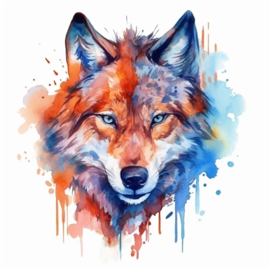A wolf's head or a full-body image, symbolizing strength, courage, and leadership, fire, watercolor art, clipart
