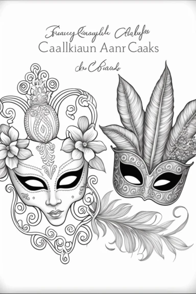 A design featuring traditional cuute Mardi Gras symbols such as cute fleur-de-lis and cute masks, Coloring Book for toddlers, white background, black and white, [clip art]