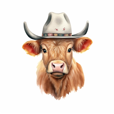 A watercolor Baby Highland Cow with a cowboy hat on its head, Watercolor, Clipart, sweet, cute, transparent background PNG
