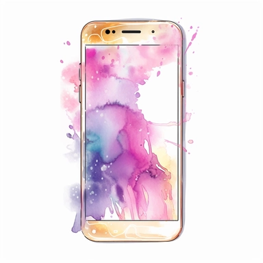 smart phone, in the style of watercolor illustrations, pink and gold, soft lilac, serenity and harmony, various stroke techniques, on white background, clipart