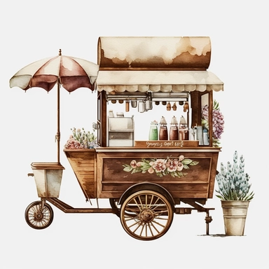 watercolour American style brown wooden coffee cart,beautifully deatailed American style coffee cart,png image,high resolution,300 dpi,graphic clipart,computer graphics