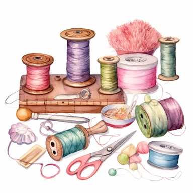 Watercolor clipart on the theme of cozy sewing: thread rolls, fringed braid, vintage scissors, sewing needles, wooden buttons, spools of thread, pin, thimble, various beads. Delicate colours