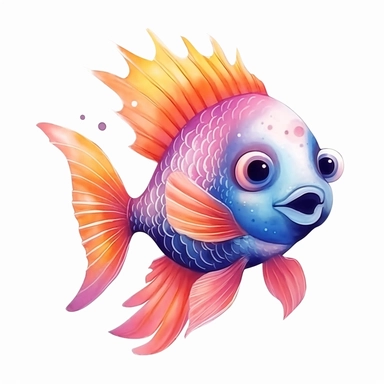 Cute Beautiful Fantasy colorful Baby fish Watercolor clipart,Cartoon, hyper realistic, intricate detail, illustration style,high solution,on the white background
