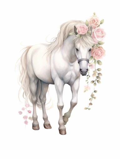 Isolated on a white background, in a feminine style popular on Etsy, with baby pink roses decorated for wedding on her head, full body white horse standing, high resolution, highly detailed, watercolor clipart illustration, soft pastel color theme, baby pink, 8k UHD image isolated on white background, hyper-realistic high resolution, only a horse with a crown of roses on its head