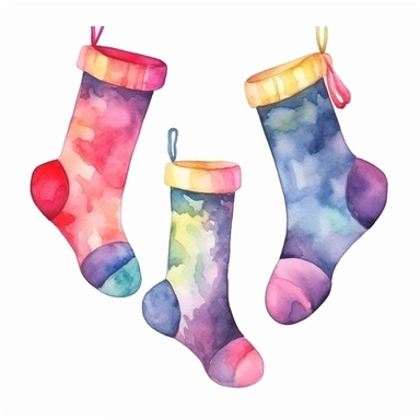 watercolor style, colorful hanging Christmass socks, clipart,On White Backgroud