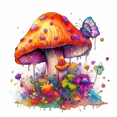 create an illustration featuring a magical pueple mushroom clipart, small flowers and small butterfly, vibrant colors, rainbow colors, magical, whimsical, fairytale, fiction, against a white background, harlequin cyberpunk, highly detailed