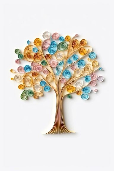 Africa accacia tree art of quilling clipart, gold and glory pastel mute soft colors, illustration, white solid background, full hd, 8k