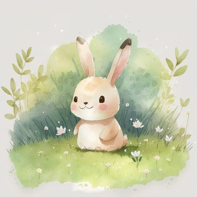 rabbit playing happily on grass on a beautiful garden, Watercolor Clipart,comic, strybk, full Illustration, 4k, sharp focus, watercolor, smooth soft skin, symmetrical, soft lighting, detailed face, concept art, muted colors, watercolor style, strybk, children's style fairy tales, chibi kawaii, Octane rendering, 3d. Perfect face, detailed face, delicate face, perfect sharp lips, detailed eyes. no 2 heads, no 2 faces, no cropped image, no out of frame, no deformed hands, no twisted fingers, no dou
