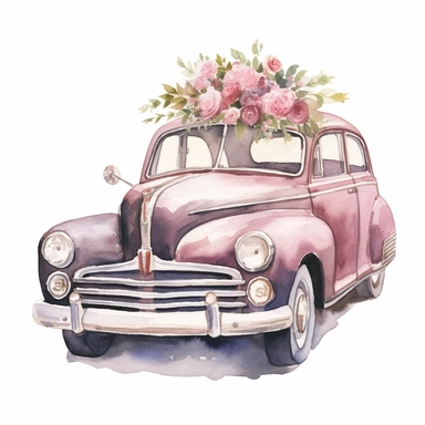 watercolour wedding car, clipart on white background, highly detailed, professional color gradation, clean sharpness