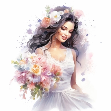 beautiful watercolor fun, happy and cute photorealistic stylish, smiling dark hair bride in white wedding dress and tiara beautiful, whole body, decorated in big pastel and light colors flowers in the style of aquarelist, wedding illustrations award winner, wedding clipart, 8k, white background, intricate details illustrations very detailed, uhd exquisite clothing detail, rimel neffati