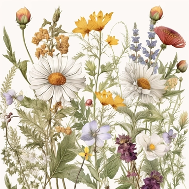 Pressed boho wild flowers cottagecore vintage botanical pastel floral nature flower garden with seamless border, clipart with white background –ar 293:151