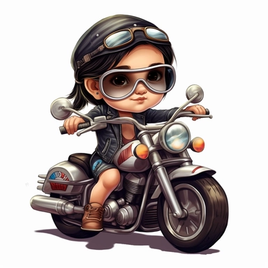 clipart of cute and cool baby girl on a harley davidson multicolor white background