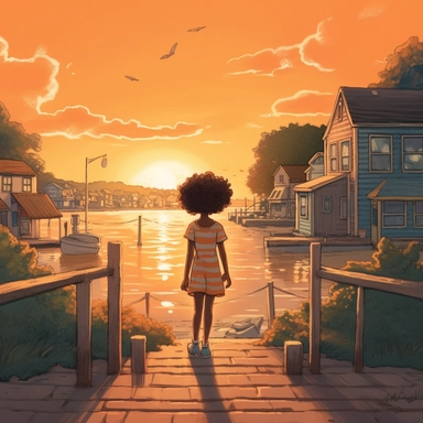 pixar illustration of Harper swalking down block in Sag Harbor town , An illustration of fiver year old light skin happy black girl with curly afro, walking down a block in sag harbor ,sittin looking out onto the harbor , whale wacthing ,from the community's stunning Sunset Beach, east hampton , summer vaction, beach town , summer days , muted tones , shy warm heart , pixar , hyper detailed , smooth skin realistic animated — Happy Black Girl Smiling art,black girlsclipart, Funny black girl , Che