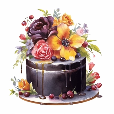 clipart, isolated on white background, Watercolor cake with flowers, black colored, ornated, pastel colors