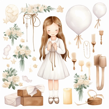 First communion illustrations clip art set, watercolor, white background, simple, soft colors, cartoon elements girl, boy, holy cross, white doves, tulips, peonies, eucalyptus branches, wooden rosary beads, powder pink flowers, girl on the day of her first communion with white balloons on a wooden bench