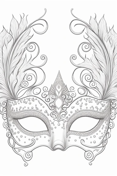 an outlined Mardi Gras cute mask decorated with glitter and jewels, Coloring Book for toddlers, white background, black and white, [clip art]