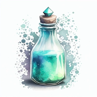 Watercolor potion bottle: Paint a tall, skinny, thick glass, half empty potion bottle with cerulean liquid. Use watercolors to create a soft, dreamy effect. Clipart. Sticker. White background.