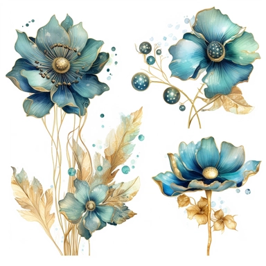 large gold and glass flowers, in the style of nature-inspired installations, delicate ink washes, Blue and cyan, detailed miniatures, mosaics, organic texture, nature-inspired imagery, clipart set, white background, 4 flowers