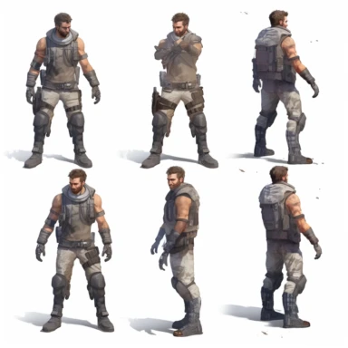 tottoed male, futuristic post-apocalyptic style, different poses, unreal game engine style, different poses, detail, clipart, white background, one of a kind--ar 16:9