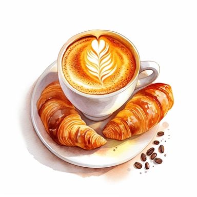Isometric illumination of commercial shot of ultra - realistic watercolor painting of a really delicious coffee with croissant, latte art heart clipart, good looking food, delicious, yummy, foodie, healthy, white background no text, isolated on white, watercolor illustration, award winning, strong and sharp lines, upscale