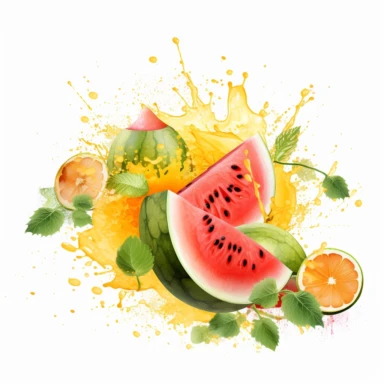 luscious summer melons with splashes of juice on white background. Clipart