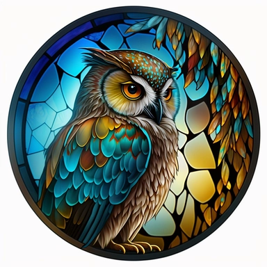 stained glass round window, owl close up, clipart, vivid colors, colorfull edge