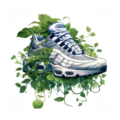nike air max '95, with plants growing on and around the shoe, cartoon illustration, airbrush art style, realism, clipart, white background