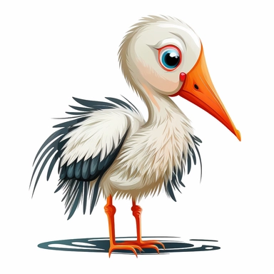 A clipart for kids with a cute baby stork animal motif in frontal view on white background. The animal motif is depicted in bold colors