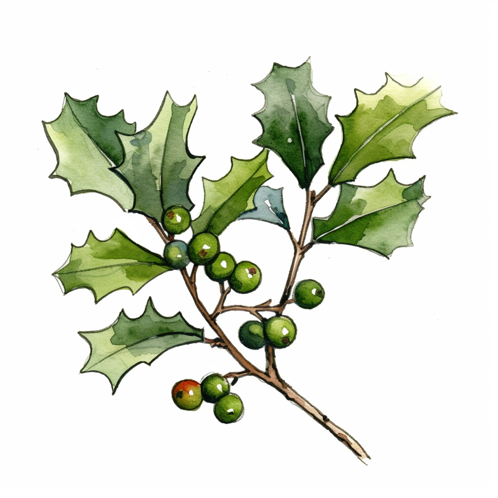 a little branch of holly tree leaves, watercolor clipart, green leaves ...