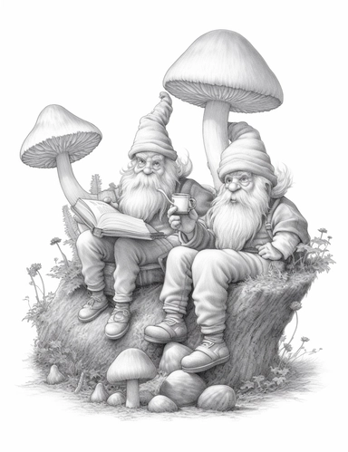 light gray and bubbles, two humanoid reading gnomes on a huge mushroom, highly detailed clipart, hdr, 32K, photo expert quality, greatest for coloring realistic, hyperrealistic and highly detailed, coloring book pages, isolated on a white background