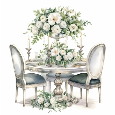 Hand drawn dining table and chairs, with a wedding centerpiece, white roses and white flowers with greenery, sparkly crystals, glamorous, very detailed and realistic, watercolor, clipart style, white background with margins