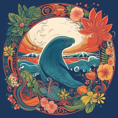 The camera focuses on the beautiful coral reef teeming with colorful fish and swaying plants, creating a stunning backdrop for the graceful movements of a Hawaiian Monk Seal. The seal is depicted in a sleek and simple silhouette style, with its distinctive shape and features captured in bold lines and curves. The circle frame creates a sense of focus and completion, drawing the eye towards the central image of the seal swimming among the vibrant reef. The use of a silhouette style adds a touch o