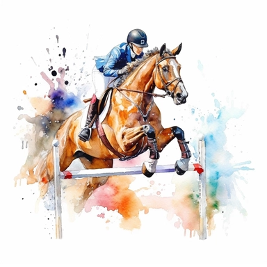 Show jumping with obstacles, highly detailed, watercolor, clipart, illustration, white background, digital painting, paper crafting, no signature, no text