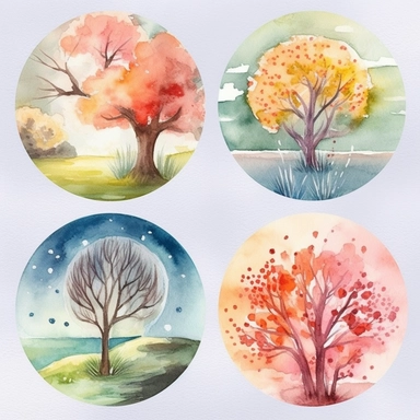 Design a set of watercolor cliparts featuring elements of nature in the four seasons. Each clipart should be created in a beautiful and harmonious style with a balanced color palette. The elements can include flowers, trees, animals, and landscapes, each reflecting the distinct characteristics of spring, summer, fall, and winter. The artistic style is watercolor painting on paper, executed with a focus on capturing the essence of each season,