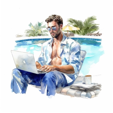 Watercolor drawing digital nomad handsome man with laptop near pool, watercolor clipart, white background, isolated on white, watercolor style