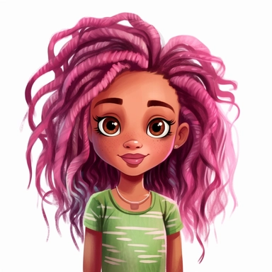 cute little american black girl, messy long pink modern hair, green eyes, face, portrait, different expressions, clipart, high resolution, white background, sarah kay style,