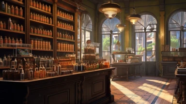 illustration, realistic interior of a vintage kolkata 1896 perfumery and pharmacy with some perfume bottle boxes incense boxes, atmospheric sunset lighting, Clipart, watercolor, realistic, full building, highly detailed, hdr, 32K, photo expert quality, watercolor realistic, hyperrealistic and highly detailed