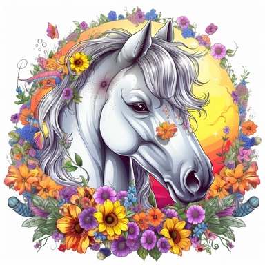 hyperrealistic, beautiful white horse, grass and flowers with sun, cartoon style, no background, no shading, white background, funny and fruit, fantasy, Realistic colorful magic musroom, clipart background, sticker, drawing, fantasy, lot of details, psychedelic, no watermark, purple,