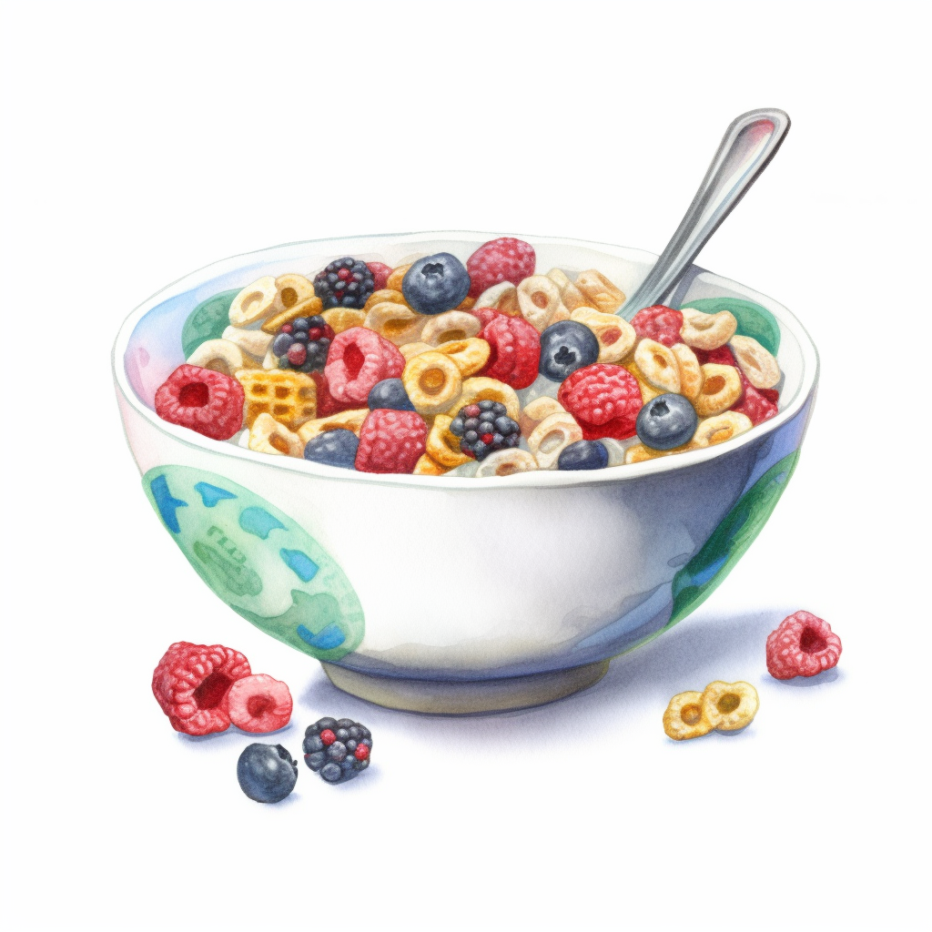 watercolor for a clipart with a white background of a bowl of cereal ...