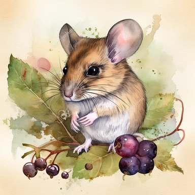 Watercolor clipart of a tiny woodland woodmouse, its delicate brown fur and twitching whiskers carefully depicted, nibbling on a ripe berry in a field of soft clover, an atmosphere of humble charm and the bright freshness of a spring morning, Illustration, digital watercolor using a fine, textured brush for a hand-painted effect,