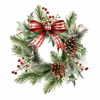 christmas pine and red bow wreath clipart, white background