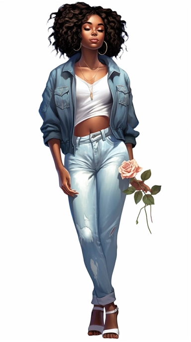ultra detailed Black Girl Self Love Clipart, solid white background, cozy outfit, beautiful, super cute , super hot, full body shot, self love, peaceful, watercolor, floral, relaxed pose, with win glass, thick , contour, PHOTOREALISM, by ANIMATION